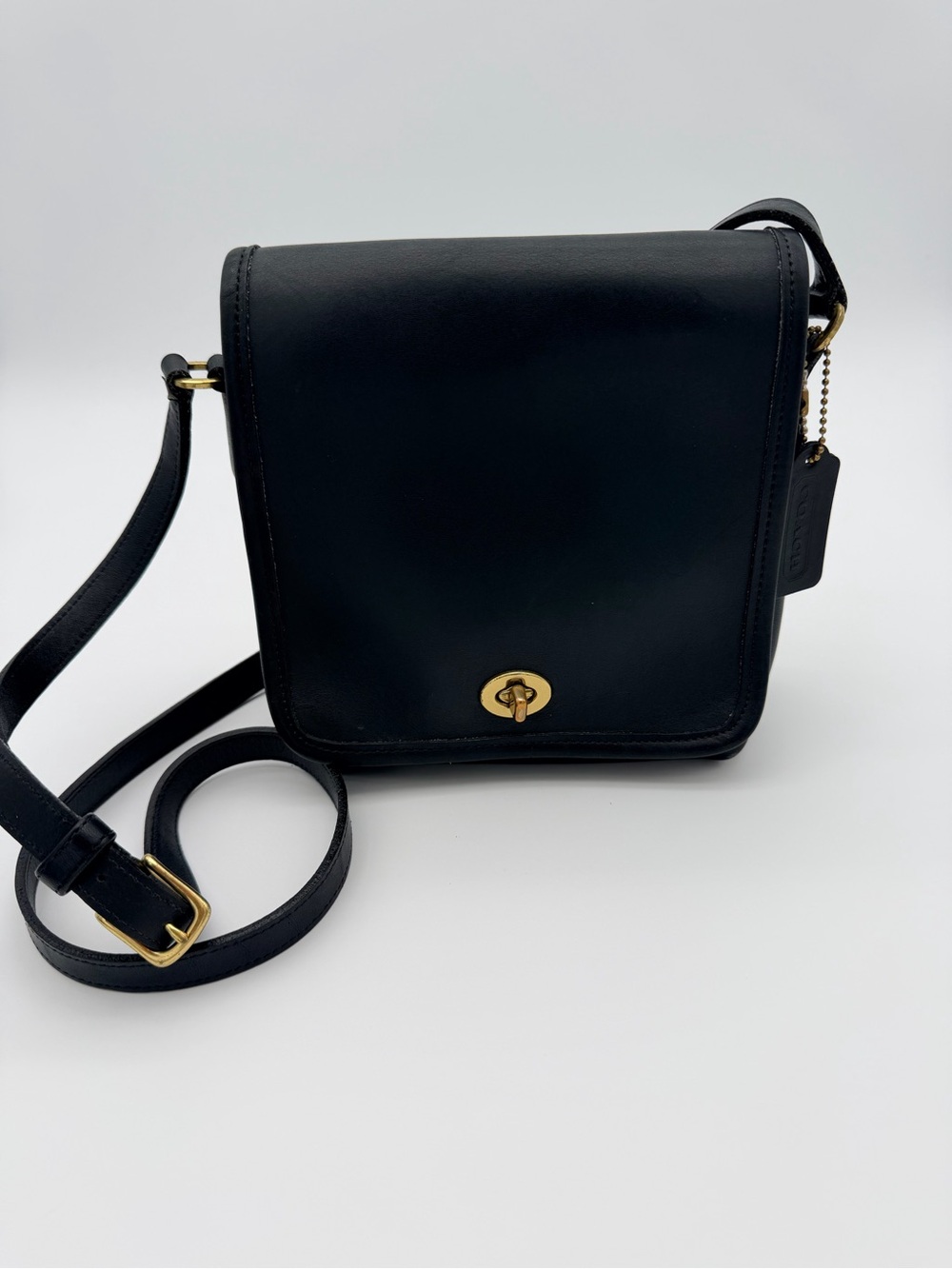 Coach Black Companion Flap Leather Brass Turnlock Crossbody Bag #9075